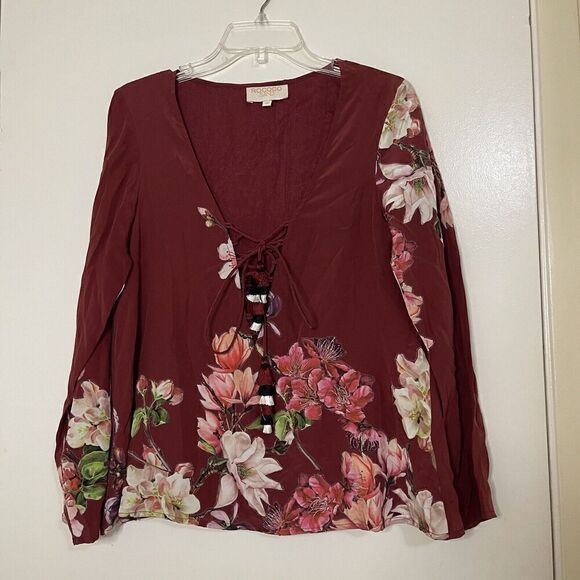 Rococo sands red floral silk long sleeve vneck blouse top size medium - Picture 1 of 6